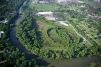 This is an aerial view of the two experimental wetlands at Ohio State University in 2009. The planted wetland is on the right. Photo courtesy of Ohio State University.